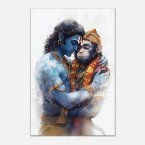 Lord Rama and Hanuman Embrace Canvas Print, Wall Art Home Office Studio Room Decor Hindu Ramayana Devotion Heritage Gift, Ready to Hang Art