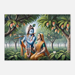 Lord Krishna and Radha in a Mango Grove Canvas Print, Wall Art Home Temple Room Dorm Studio Decor, Hindu Indian Heritage Gift, Ready to Hang
