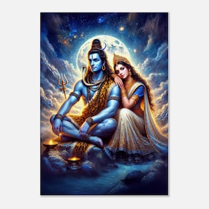 Lord Shiva and Goddess Parvati in a Cosmic Setting Canvas Print, Wall Art Home Dorm Vertical Decor, India Hindu Heritage Gift, Ready to Hang