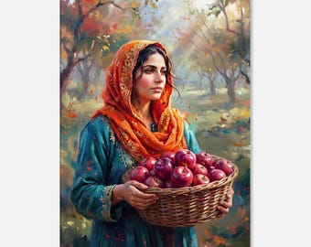 Kashmiri Apple Orchard Woman Canvas Print, Autumn Harvest Wall Art, Red Delicious Apples, Indian Village Painting, Rustic Farmhouse Decor