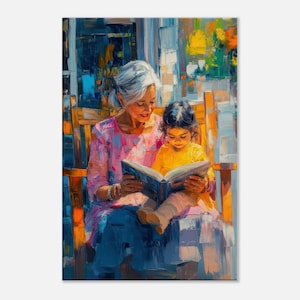 Grandmother and Granddaughter Reading a Storybook Canvas Print, Wall Art Home Living Room Decor, Indian Heritage Ethnic Gift, Ready to Hang