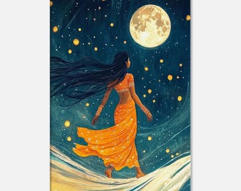 Indian Woman Walking Amidst the Moon and Stars Night Sky Canvas