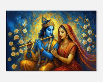 May include: A vibrant painting shows a blue-skinned figure playing a golden flute, wearing a crown and jewellery. A woman in a red sari and gold jewellery looks on. The background is a swirl of blues and yellows with white flowers.