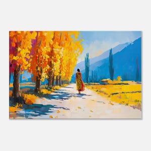 Indian Woman Walking Among Poplar Trees in Kashmir Canvas Print, Wall Art Home Office Dorm Studio Room Decor Landscape Gift, Ready to Hang