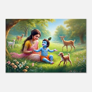 Baby Krishna mit Mutter Yashoda auf einer Waldwiese Leinwanddruck, indisches Hindu-Erbe Wandkunst Kinderzimmer Kinderdekor, fertig zum Aufhängen