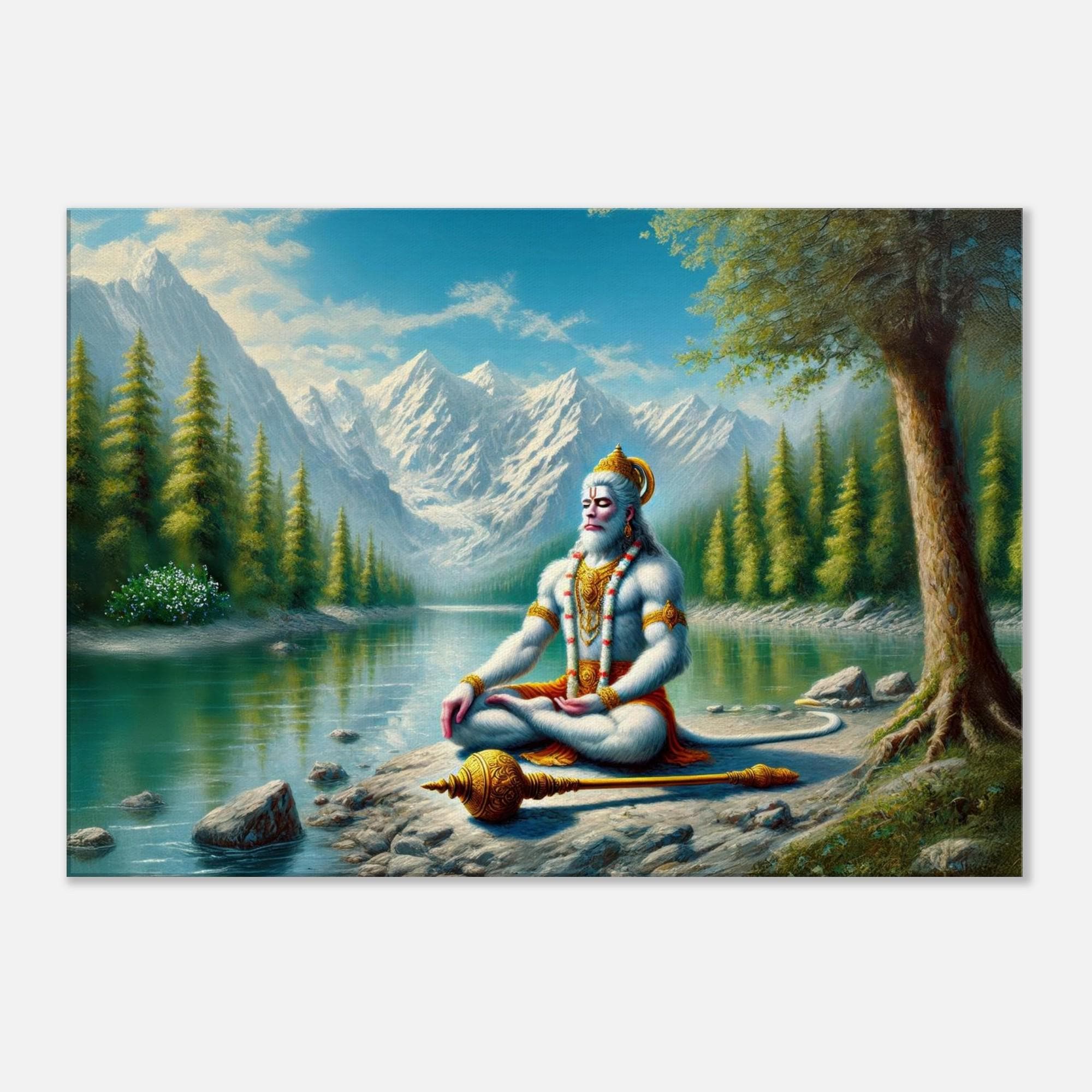 Lord Hanuman Meditating in the Himalayas, Canvas Print, Home Office Wall Decor, Ethnic Hindu Indian Heritage Gift, Ready to Hang Canvas Art