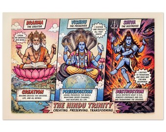 The Hindu Trinity Museum Quality Matte Paper Poster Print, Brahma, Vishnu, Shiva Comic Pop Art Style Wall Decor Hindu Indian Heritage Poster