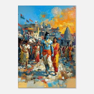 May include: A colourful painting shows a street scene with a crowd of people. Two figures, one blue-skinned and the other in a yellow sari, walk down a cobbled path. Fireworks explode in the orange and blue sky above the buildings.