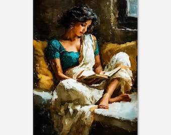 Indian Woman in a Saree Enjoying a Book Canvas Print, Wall Art Home Studio Dorm Decor, Ethnic Clothing Sari Heritage Gift, Ready to Hang