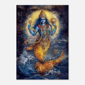 Matsya Avatar of Lord Vishnu Canvas Print, Wall Art Home Office Room Studio Dorm Decor Hindu Indian Mythology Yajur Veda Gift, Ready to Hang