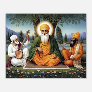 May include: A colourful painting shows three figures in traditional dress seated beneath a tree. The central figure, in yellow and green, has a halo. One figure plays a stringed instrument, another holds a peacock feather fan. The scene is set in a tranquil landscape.