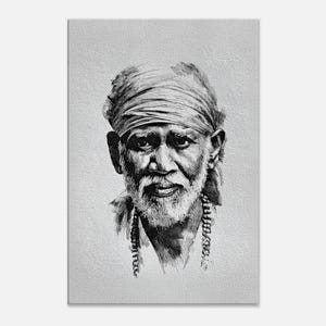 May include: Black and white portrait of a man with a turban and a long white beard. The artwork is a detailed sketch, with visible shading and texture, set against a textured gray background. The man is wearing a beaded necklace.