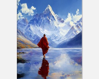Buddhist Monk Walking on a Frigid Himalayan Lake Fantasy Canvas