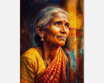 Indian Elder Lady with Grace and Wisdom Portrait Canvas Print, Vibrant Saree Contemporary Ethnic Cultural Tall Wall Art Decor, Ready to Hang