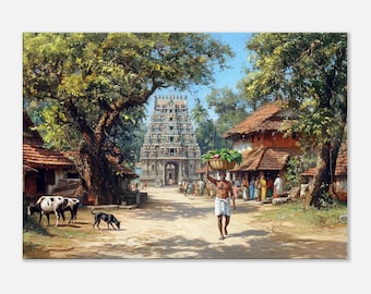 Remote Village in Southern India with an Ancient Temple Canvas Print, Indian Heritage Tamil Nadu Ethnic Rural Life Decor, Ready to Hang