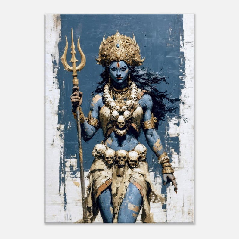 May include: An artistic depiction of a deity with blue skin, adorned with gold jewelry and a crown. The figure holds a gold trident and is draped in a skirt with skull accents. The background features a textured blue and white design.