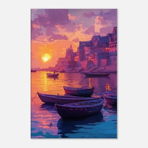Sunset at Varanasi Canvas Print, Wall Art Home Office Living Room Decor Gift, India Kashi Heritage Scenic Landscape Print, Ready to Hang