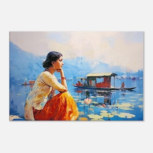Lady on a Kashmir Lake Vacation Canvas Print, Wall Art Home Office Room Dorm Studio, India Heritage Himalayan Landscape Gift, Ready to Hang