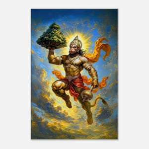 Lord Hanuman Carries the Dronagiri Mountain Canvas Print, Wall Art Ramayana Hindu Indian Heritage Home Studio Room Decor Gift, Ready to Hang
