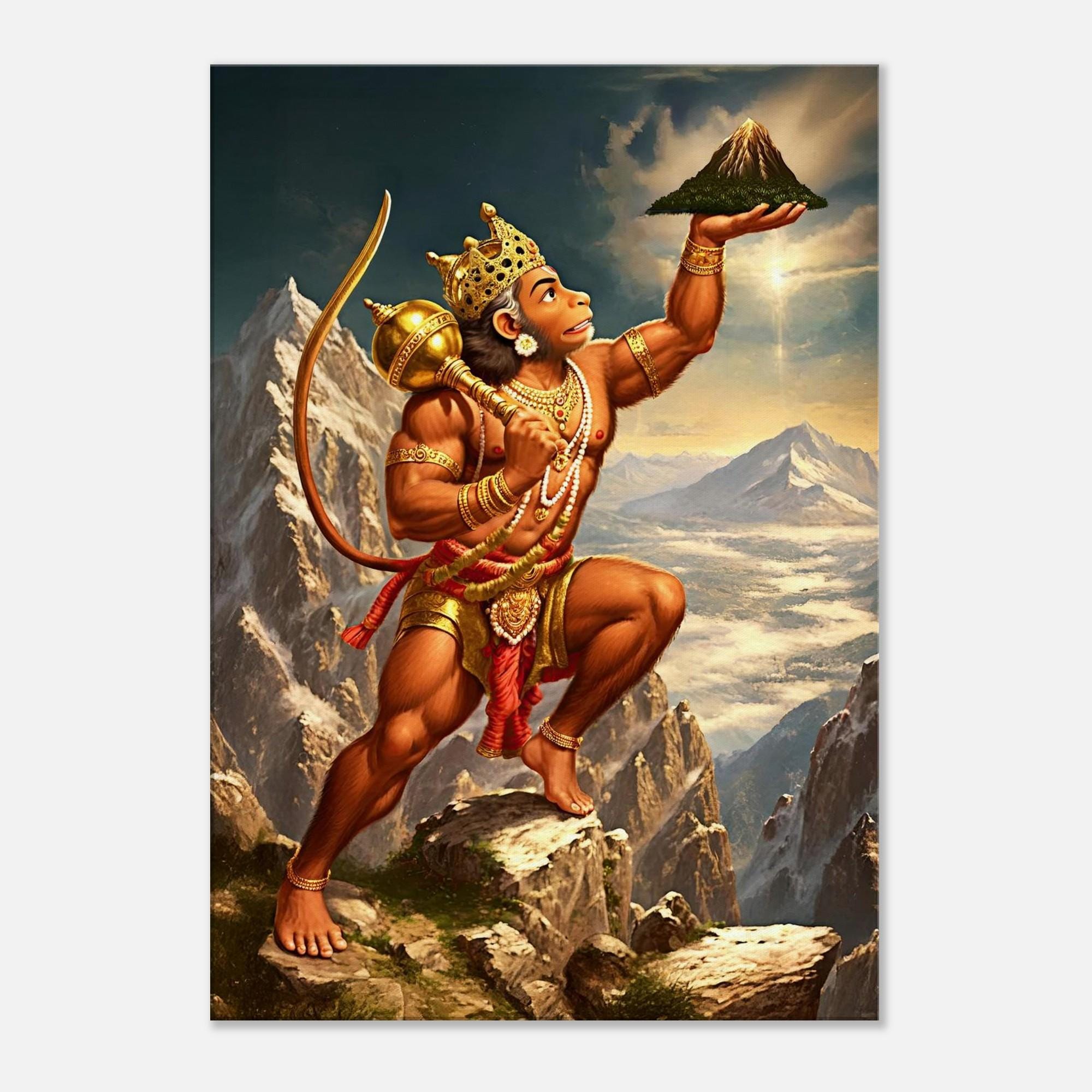 Lord Hanuman Lifts the Dronagiri Mountain Canvas Print, Wall Art Indian