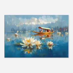 Kashmir Mountain Lake Scenic Landscape Canvas Print, Wall Art Home Studio Decor, India Heritage Himalayan Shikara Boat Gift, Ready to Hang