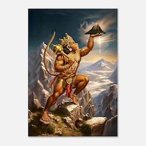 Lord Hanuman Lifts the Dronagiri Mountain Canvas Print, Wall Art Indian Ramayana Hindu Mythology Heritage Tall Home Office Studio Decor Gift