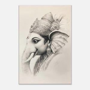 Lord Ganesha Seitenprofil Skizze Leinwanddruck, Wandkunst Home Office Studio Minimalistisches Dekor, hinduistisches indisches Erbe Geschenk, hoch, fertig zum Aufhängen