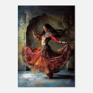 Indian Female Dancer in Traditional Clothing Canvas Print, Grungy Wall Art Home Studio Room Decor, Heritage Gift, Ready to Hang Tall Canvas