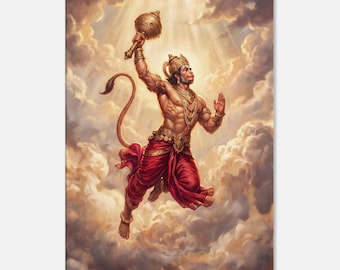 Heroic Flying Lord Hanuman Wall Art Canvas Print, Hindu Spiritual Artwork, Divine Indian Religious Heritage Ramayana Decor, Ready to Hang