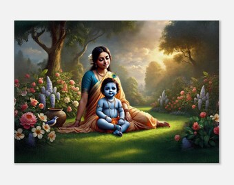 Yashoda and Baby Lord Krishna in a Peaceful Flower Garden Canvas Print, Indian Hindu Heritage Wall Art Nursery Kids Decor Ready to Hang Gift
