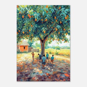 May include: An artistic print depicts a mango tree laden with ripe, orange fruit. Children play beneath the tree in a rural setting, with a small orange house and a field in the background. The artwork has a painterly style.