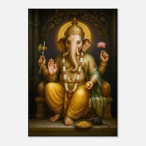 Lord Ganesha with Rat and Laddoos Devotional Canvas Print, Wall Art Home Temple Studio Room Decor, Indian Hindu Heritage Gift, Ready to Hang