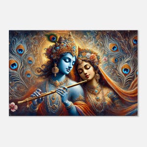 Impresión en lienzo de Lord Krishna y Radha, arte de pared para decoración de hogar, oficina, sala de estar, estudio, regalo de herencia étnica hindú india, arte listo para colgar