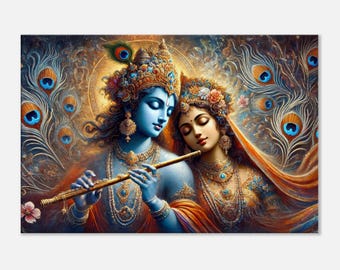 Lord Krishna und Radha Leinwanddruck, Wandkunst Home Office Wohnzimmer Studio Dekor, Hinduistisches indisches ethnisches Erbe Geschenk, fertig zum Aufhängen