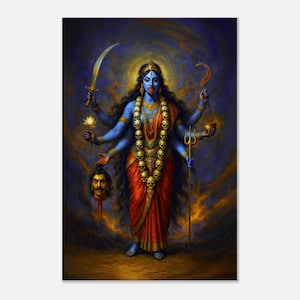 A Fierce Blue Goddess Kali with Severed Head Canvas Print, Wall Art Home Room Studio Tall Decor, Indian Hindu Heritage Gift, Ready to Hang