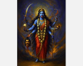 May include: A vibrant digital art print of the Hindu goddess Kali. She is depicted with blue skin, multiple arms, and a garland of skulls. She wears a red sari and holds various symbolic objects against a dark, swirling background.