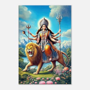 Goddess Durga Riding a Roaring Lion Canvas Print, Wall Art Home Office Dorm Room Decor, Indian Hindu Painting Feminist Gift, Ready to Hang