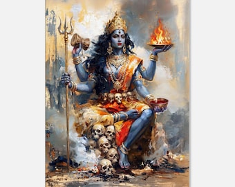 Kali Goddess Grunge Canvas Print, Mahakali Hindu Wall Art, Sacred Fire, Trident & Damru, Divine Shakti Spiritual Home Decor, Ready to Hang