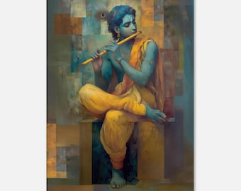 Modernist Seated Lord Krishna Canvas Print, Contemporary Wall Art Home Office Studio Dorm Decor, Indian Hindu Heritage Gift,  Ready to Hang