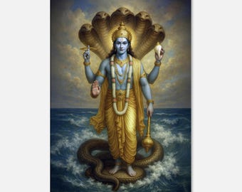 Magnificent Lord Vishnu with Sheshnag Canvas Print, Wall Art Home Studio Room Vertical Tall Decor, Hindu Indian Heritage Gift, Ready to Hang