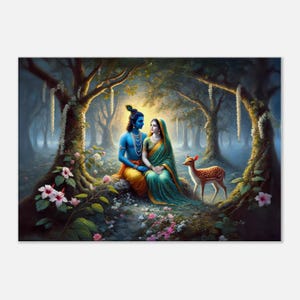 Radha and Krishna Enchanted Forest Canvas Print, Indian Hindu Heritage Gift, Wall Art Home Office Studio Living Room Decor, Ready to Hang
