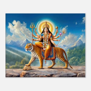 Hindu Goddess Durga Riding a Tiger Canvas Print, Wall Art Home Office Living Room Studio Dorm Decor, India Heritage Gift, Ready to Hang Art