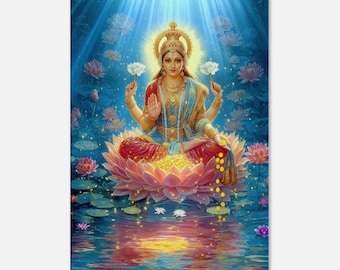 Goddess Lakshmi in a Surreal Lotus Lake Showering Gold Coins Canvas Print, Wall Art Home Decor, Indian Hindu Heritage Gift, Ready to Hang