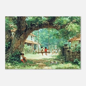 Small Town India Scene Children on a Swing Canvas Print, Wall Art Home Room Studio Decor Ethnic Rural Heritage Landscape Gift, Ready to Hang