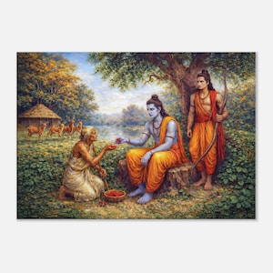 May include: A colourful painting shows three figures in traditional dress. One figure, seated, offers a red object to an elderly woman. A third figure stands with a bow. The scene is set in a lush, natural environment with a hut and deer in the background.