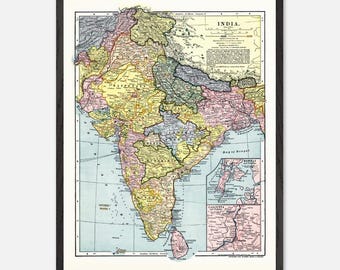 19世紀 イギリスとウェールズの古地図　ガラス額縁　木製フレーム付き 1903年イギリス領インド地図、プレミアム木製フレームポスター