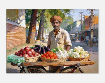 A Pushcart Vegetable Seller in a Small Town in North India Canvas Print, Wall Art Ethnic Heritage Life and People Room Decor, Ready to Hang