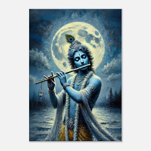 Krishna the Moonlight Flautist Portrait Canvas Print, Home Office Studio Temple Wall Art Decor Indian Hindu God Heritage Gift, Ready to Hang