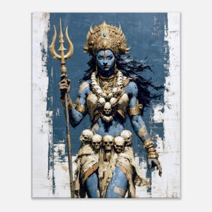 May include: An artistic depiction of a deity with blue skin, adorned with gold jewelry and a crown. The figure holds a gold trident and is surrounded by a blue and white background. The deity wears a necklace and belt of skulls.