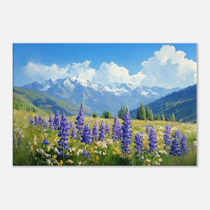 Kashmir Valley with Lupine and Mountain Wildflowers, Canvas Print, Wall Art Home Office Landscape Nature India Decor Gift, Ready to Hang Art